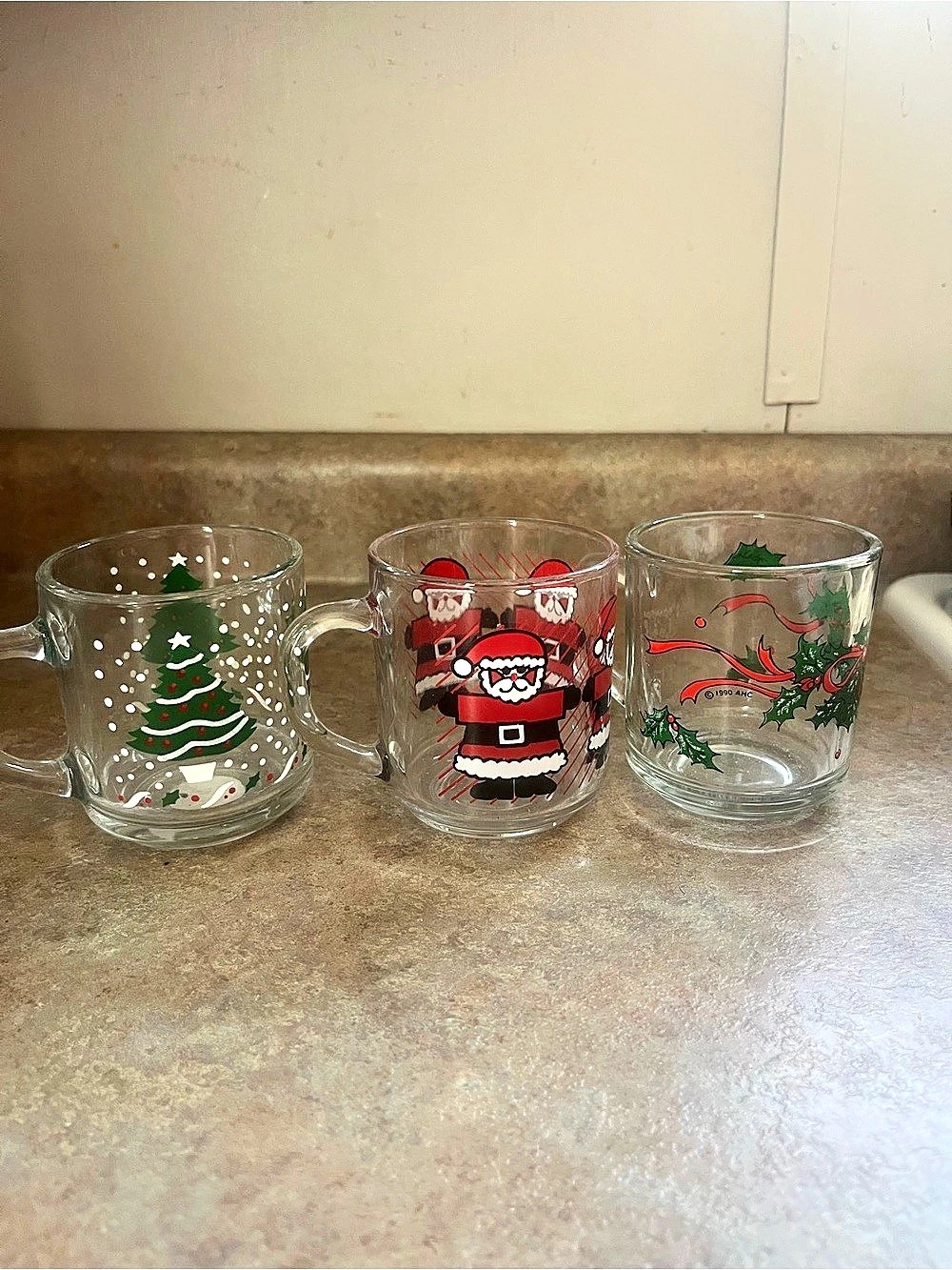 Vintage Christmas Glass Mugs Lot Of 3 12oz Holiday Handle Cup Clear